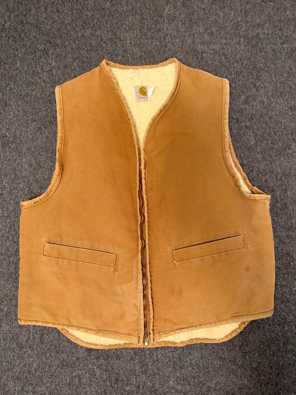 Carhartt Sherpa Lined Duck Canvas Work Vest Brown Tan Distressed Size Large